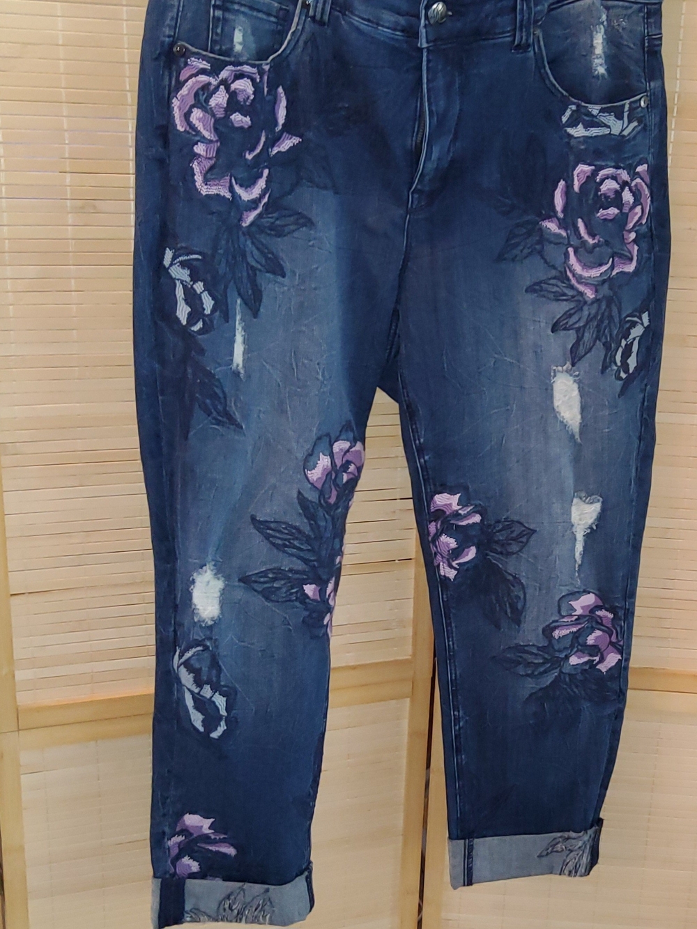 Melissa McCarthy Seven7 Dark Blue Jeans with Pink Floral Embroidery
